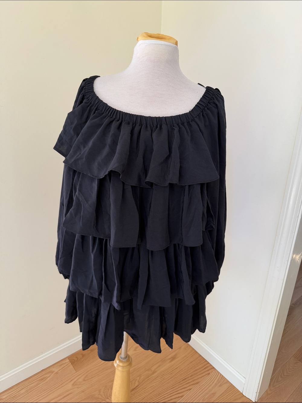 Mable small black moana neck ruffled tiered long sleeve mini dress. - Picture 2 of 12